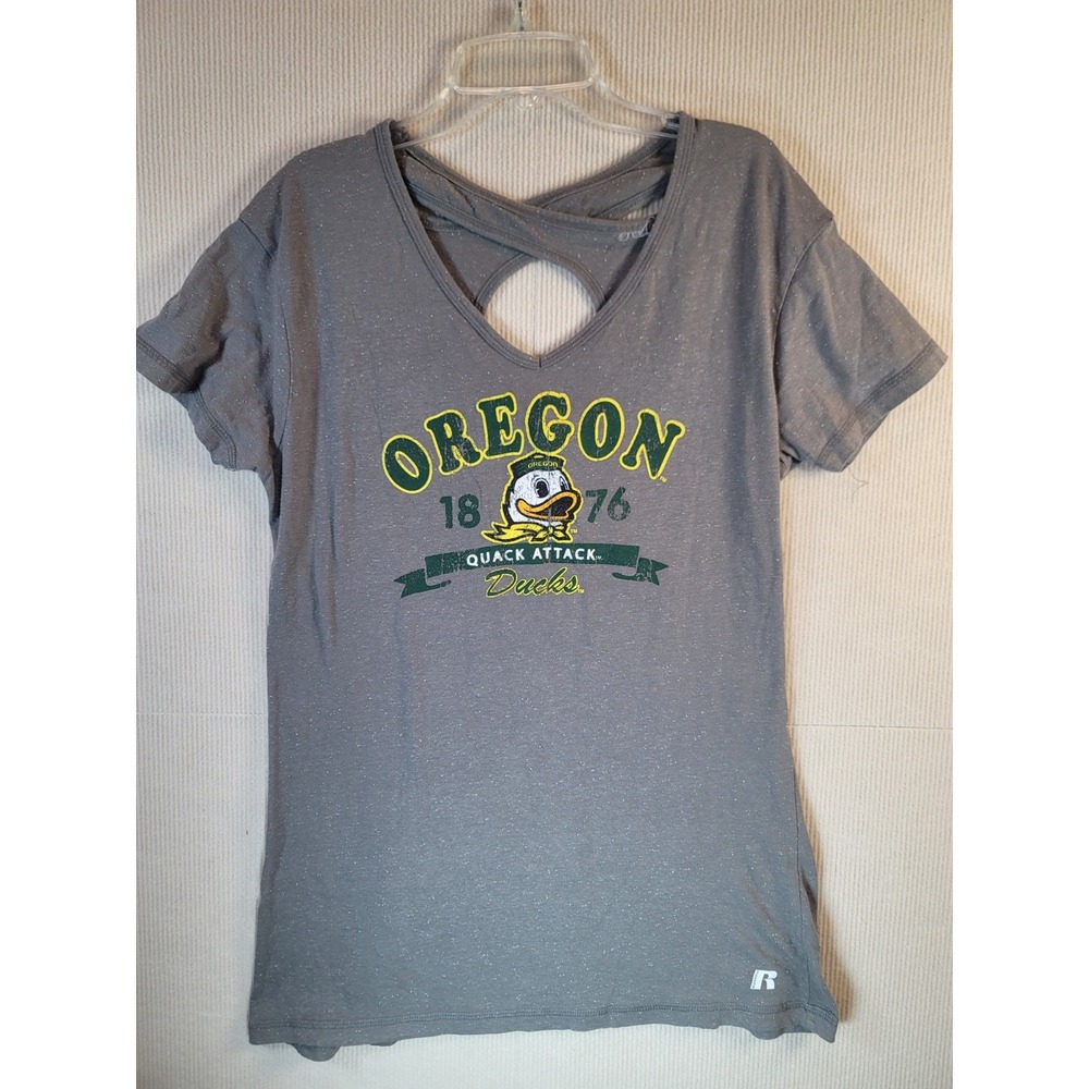 Russell Oregon Ducks Womens shirt size large gray quack attack cross over back